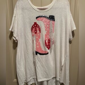 Blue B White T-Shirt with Pink Sequin Cowboy Boots Design -L